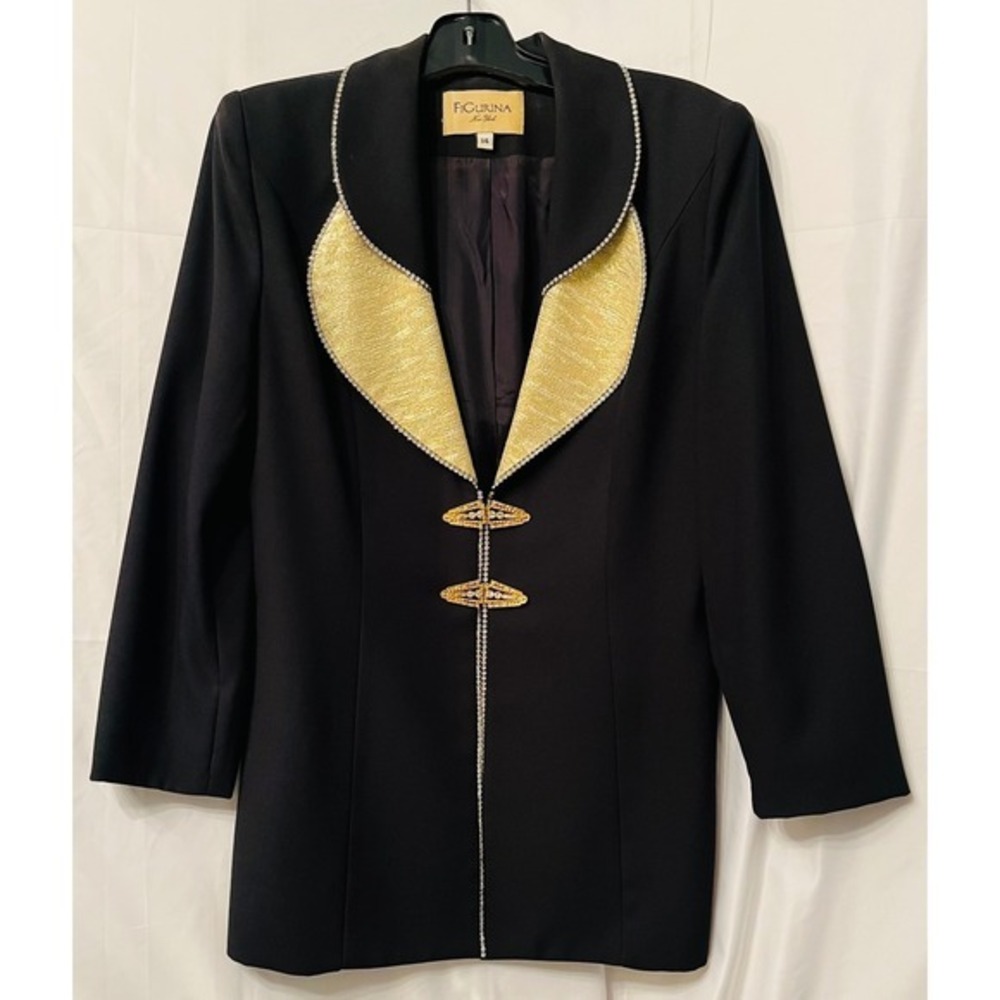 Vintage FIGURINA New York Evening Blazer | Gold Metallic & Rhinestone Size 14